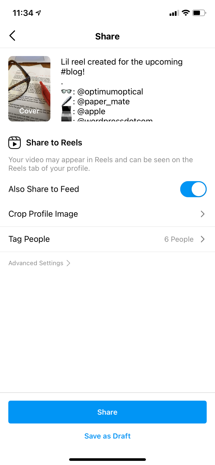 Share screen from Instagram Reel